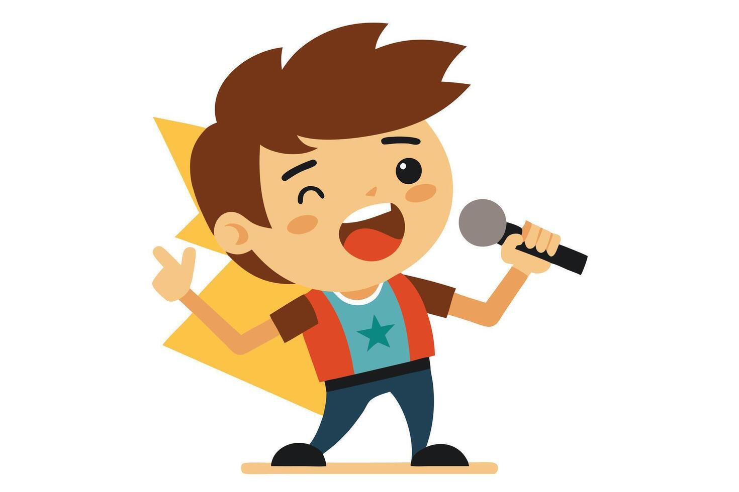 Cheerful Cartoon Boy Singing with Microphone on White Background vector
