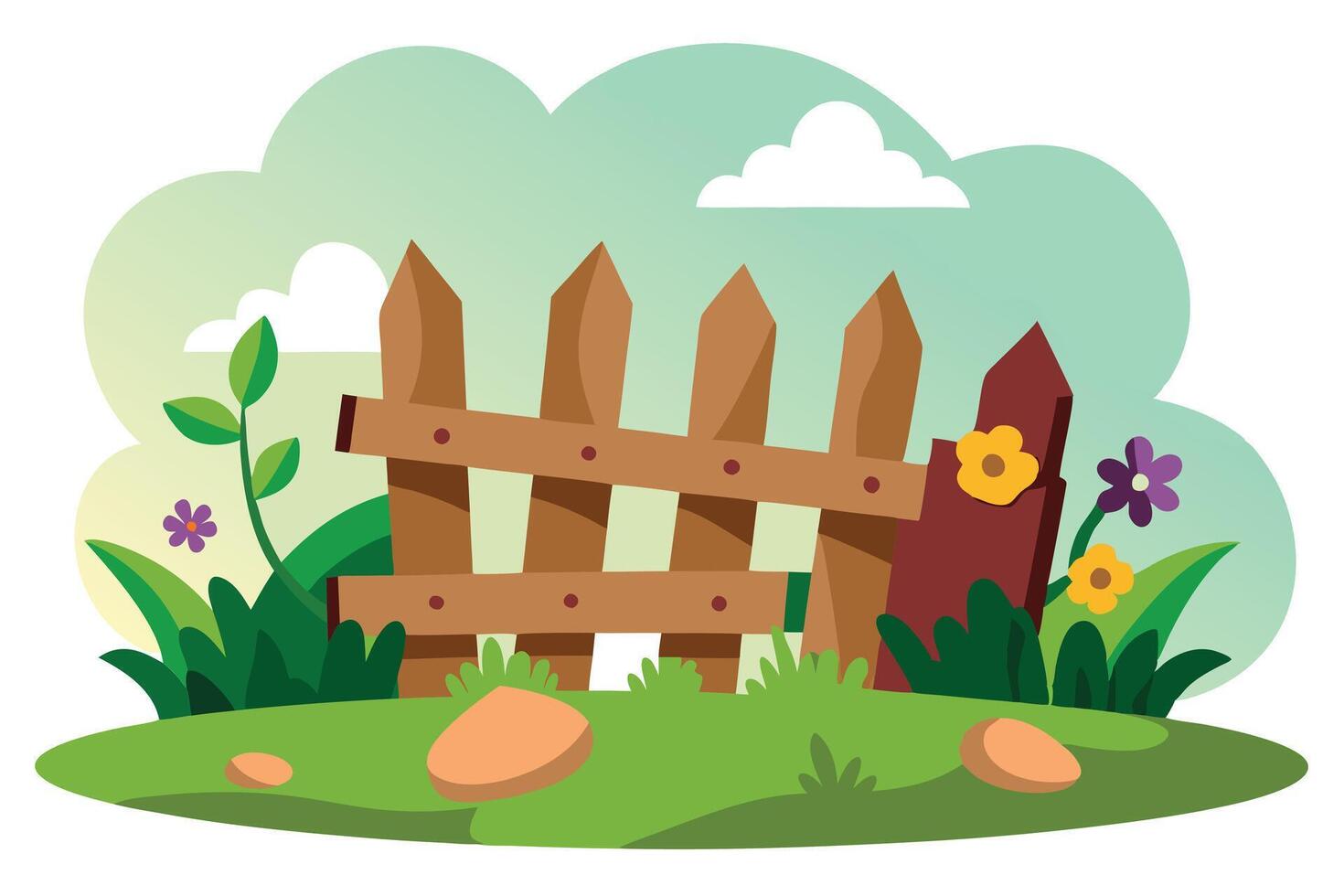 Cartoon Fence with Flowers and Grass in Garden Landscape vector