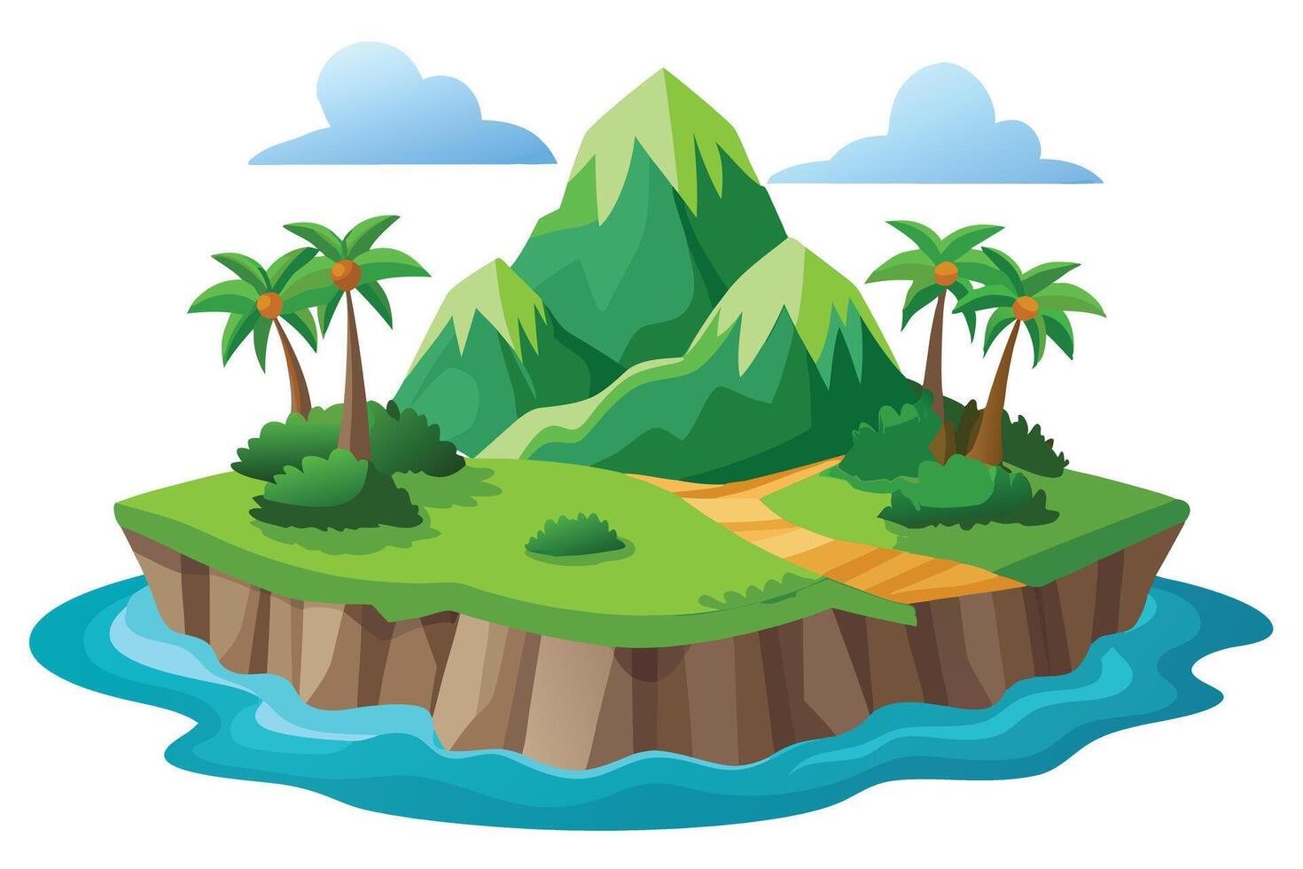 Isometric Island with Green Mountain, Palm Trees and Blue Sea Scape on White vector