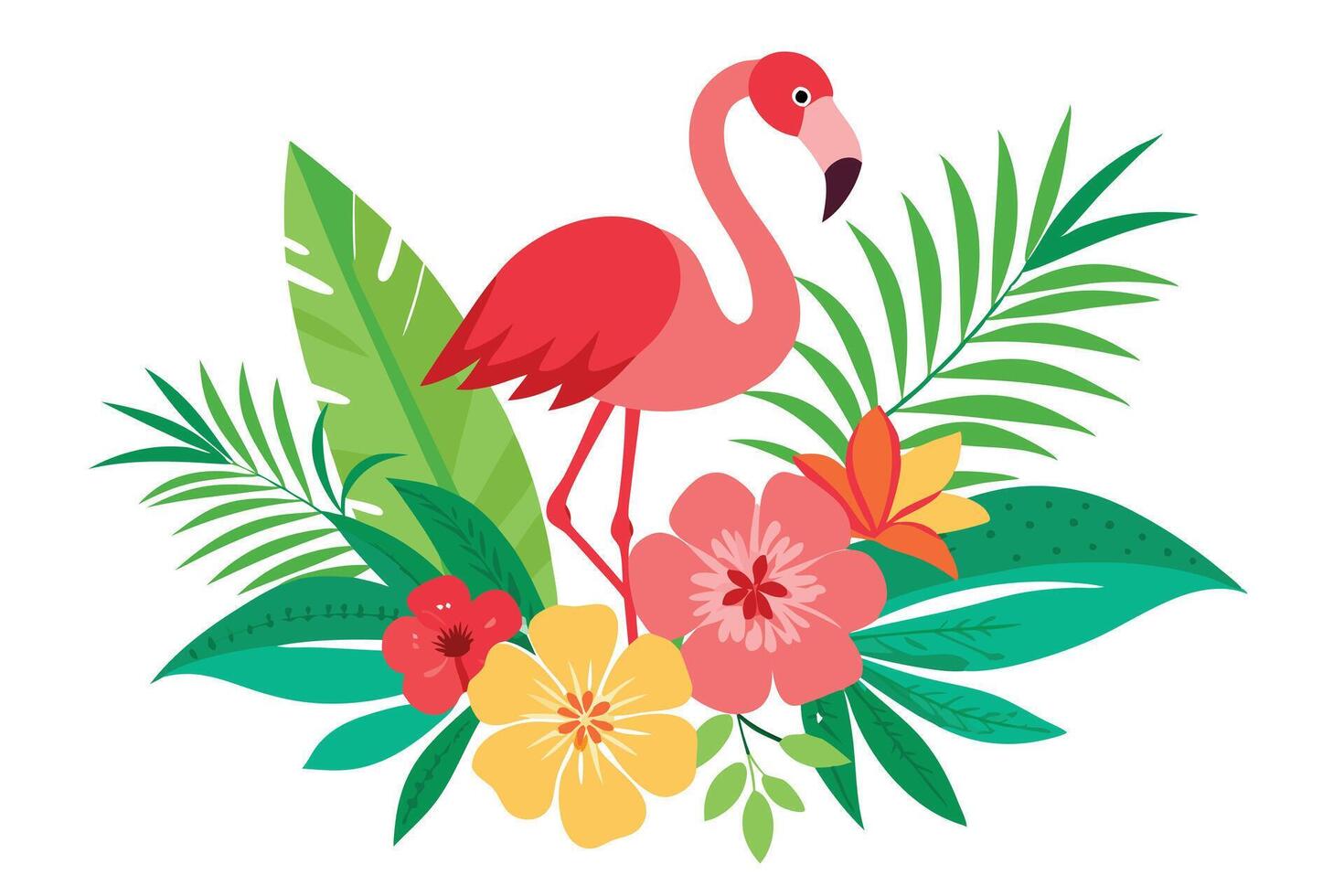 Flamingo Amidst Tropical Foliage with Pink Red Flowers on White Background vector