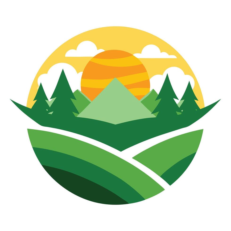 Flat Green Landscape with Mountains, Trees, Fields, Orange Sun, Clouds on White vector