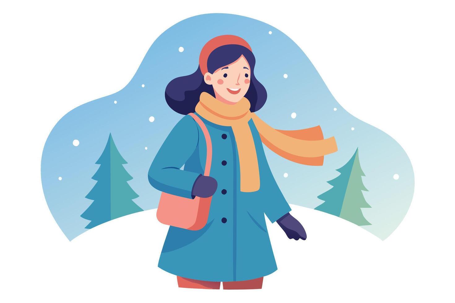 Cartoon Girl Winter Walk with Scarf and Bag in Snowy Scenery Flat Design vector