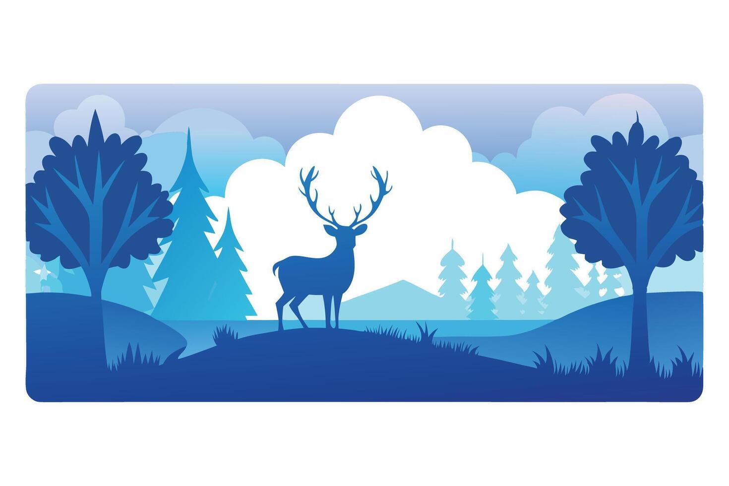 Majestic Deer Silhouette in Serene Blue Landscape with Trees and Cloudy Sky vector
