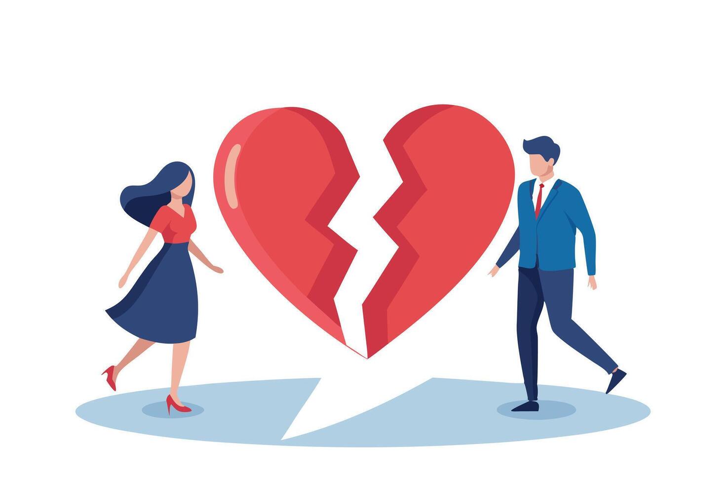 Heartbreak Featuring Man and Woman, Giant Broken Heart on White Background vector