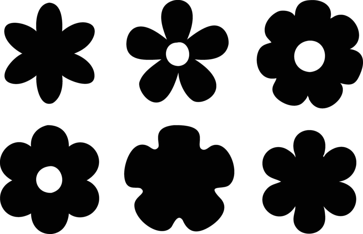 Black Floral Silhouette Set, Simple Flowers with Petals, White Background vector