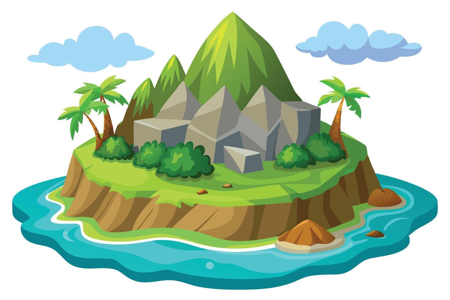 Island Paradise Lush Mountain, Palm Trees, Turquoise Water, and Cartoon Clouds vector