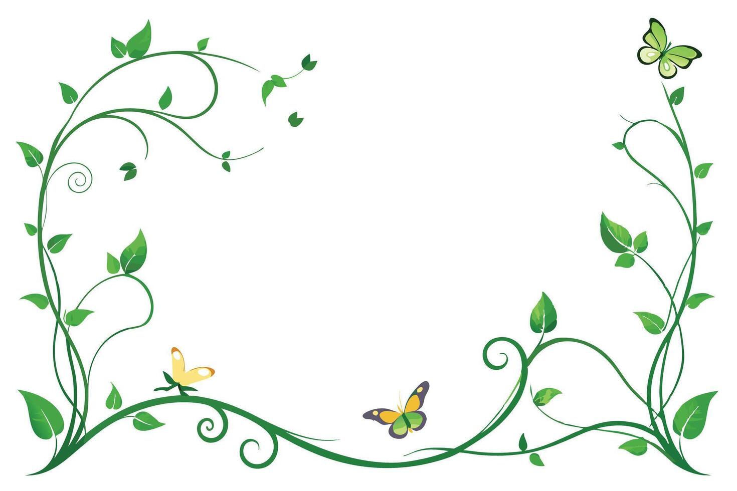 Vine Design with Green Leaves and Butterflies on White Background, Nature Theme vector