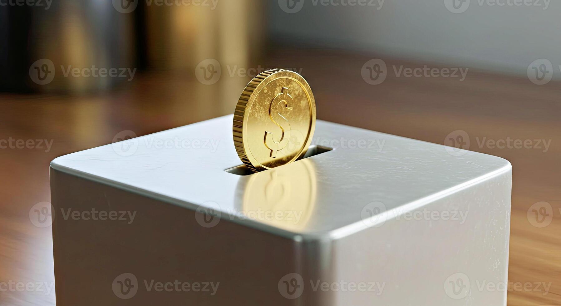 A gold coin is sitting on top of a white box photo