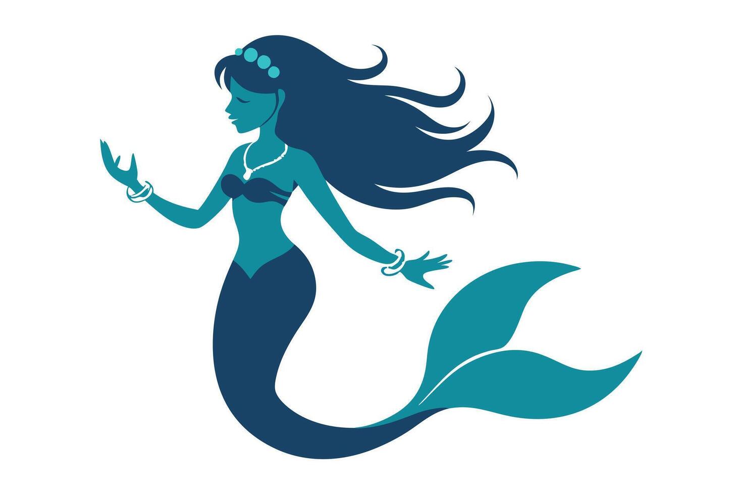 Artistic Teal Mermaid with Flowing Hair, Accessories on a White Background vector