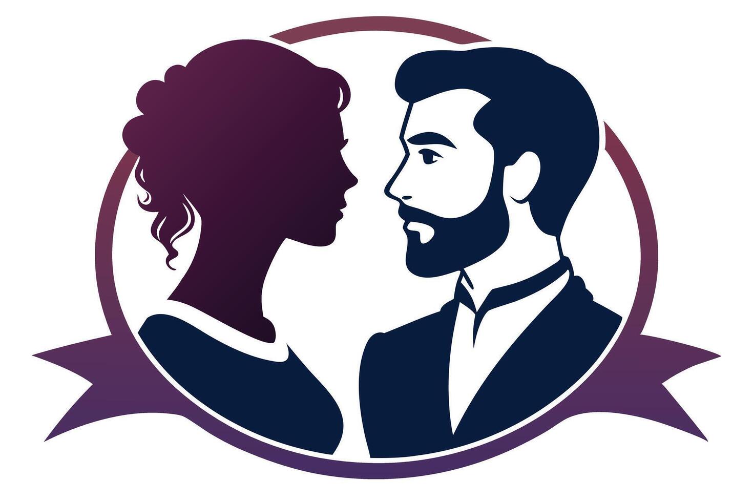 Elegant Silhouettes Woman in Gradient and Bearded Man in Navy, encircled by ribbon vector
