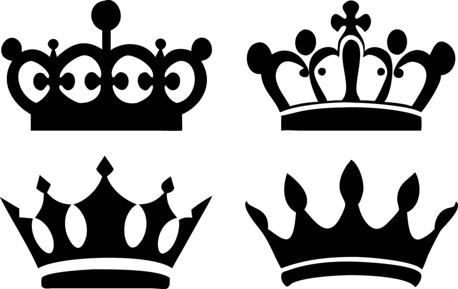 Collection of Four Unique Crown Designs, Isolated on White, Royal Silhouette Icons vector
