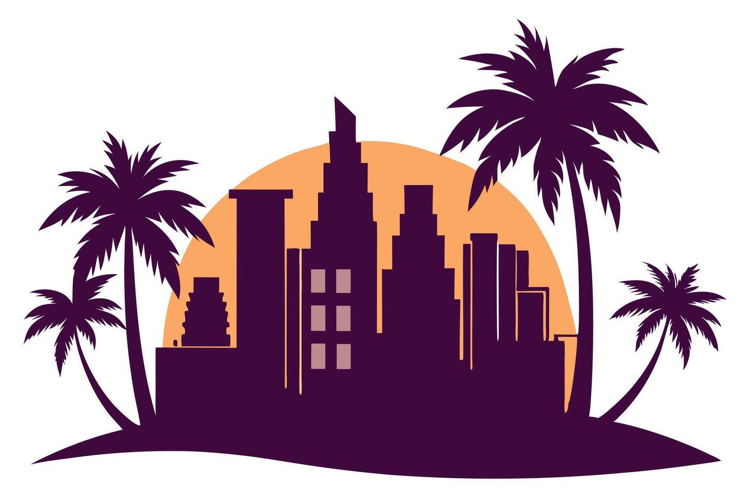 Silhouette Skyline with Palm Trees and Sunset in Purple vector