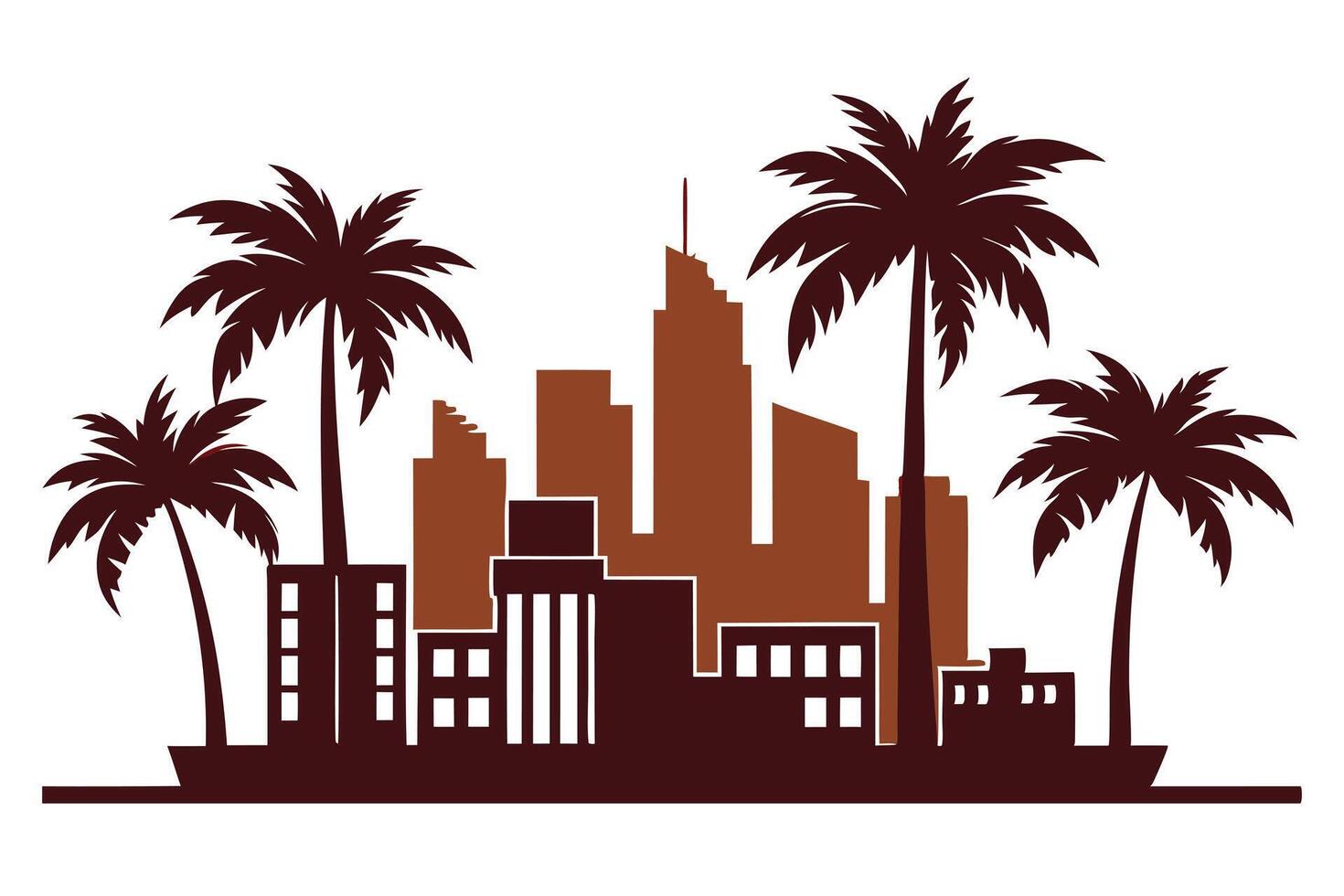 Palm Trees and City Skyline with Brown and Maroon Silhouette on White vector