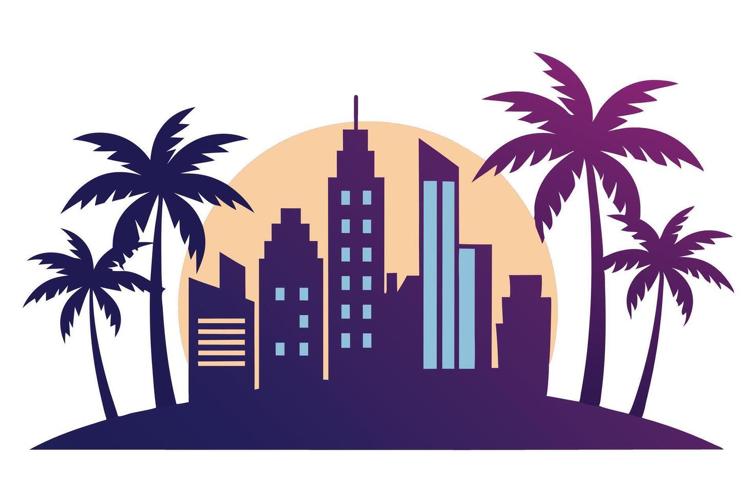 Tropical Cityscape with Palm Trees, Sunset Gradient Style on White Background vector