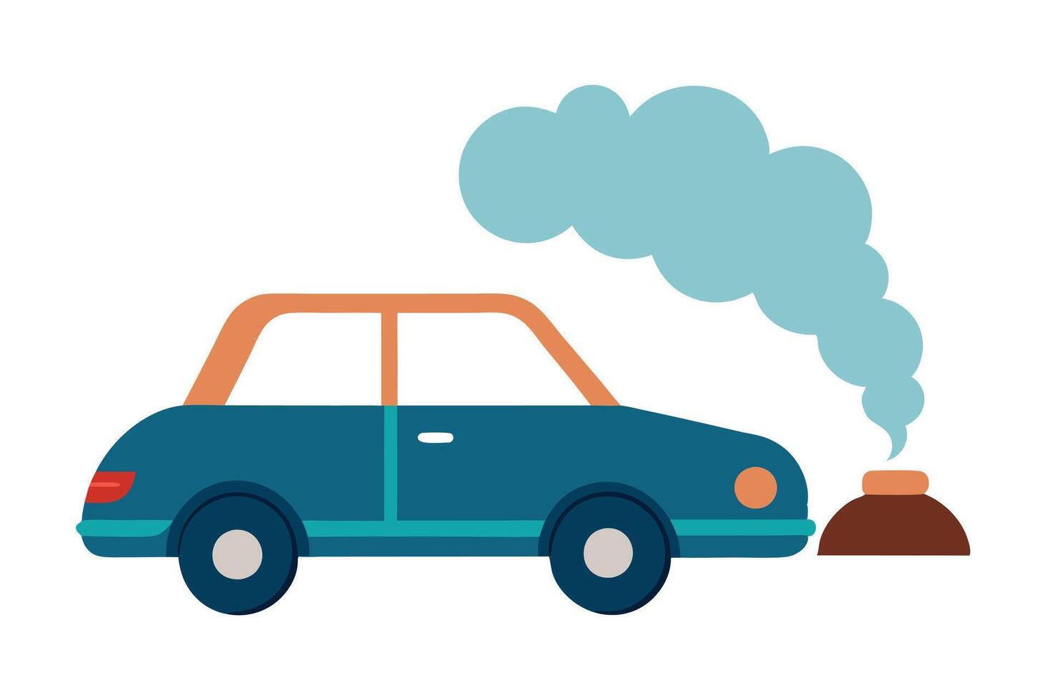 Flat Design Blue Car with Blue Smoke in Cartoon Style on White Background vector