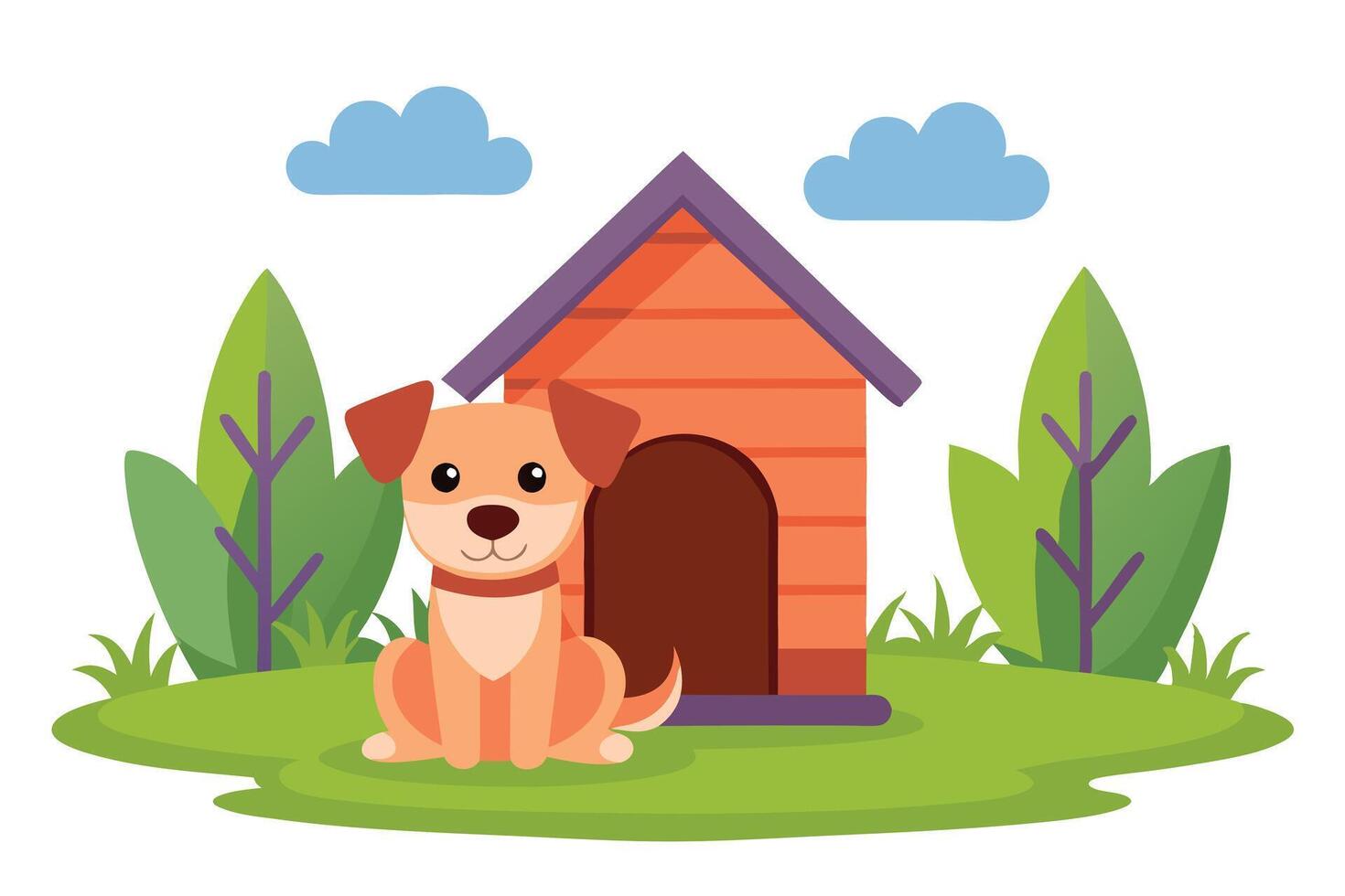 Adorable Puppy Seated Beside Doghouse Amidst Lush Trees And Blue Sky Design vector