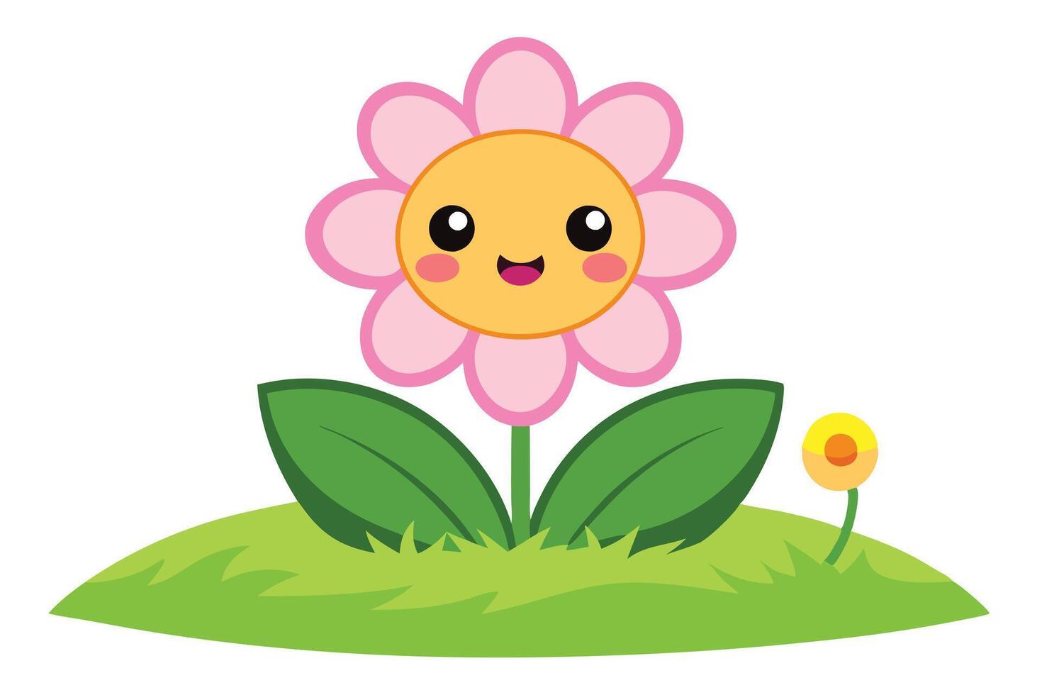 Cute Cartoon Flower with Pink Petals, Happy Smiling Face in Grassy Field, Sunny Day vector