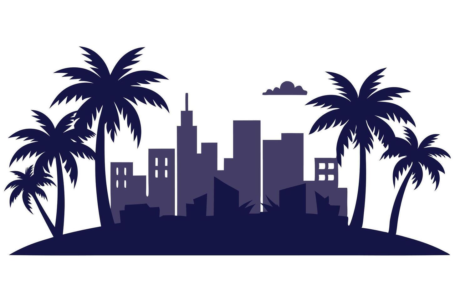 Tropical Cityscape Silhouette with Palm Trees and White Background vector