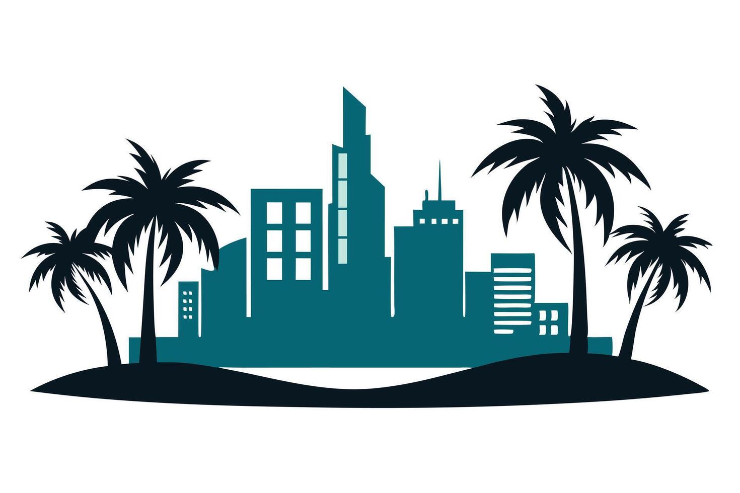 Teal Skyline Silhouette with Palm Trees and a White Background, Building and Vacation vector