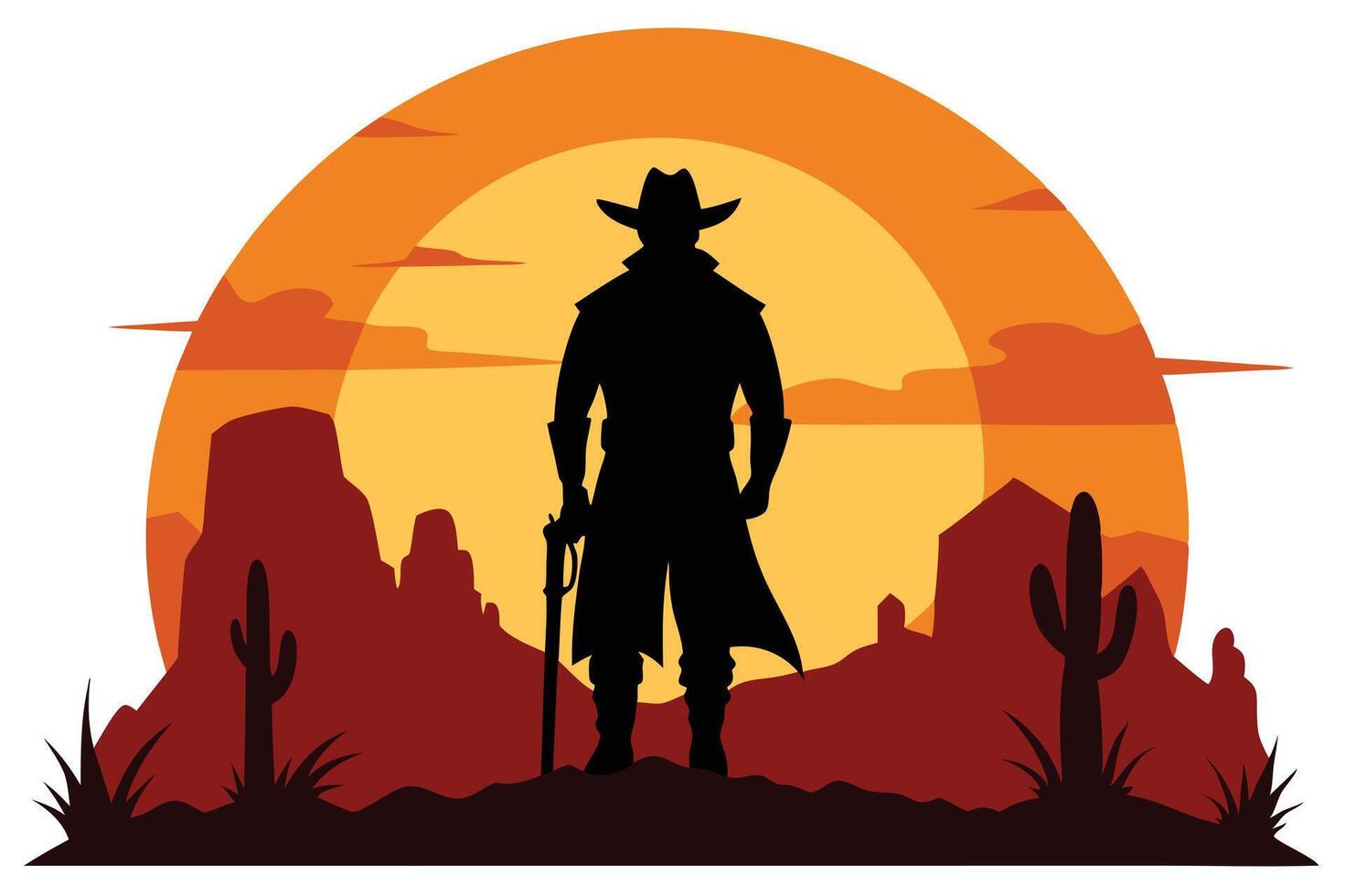 Silhouette Cowboy Standing with Gun in Desert Landscape at Sunset Scenery vector