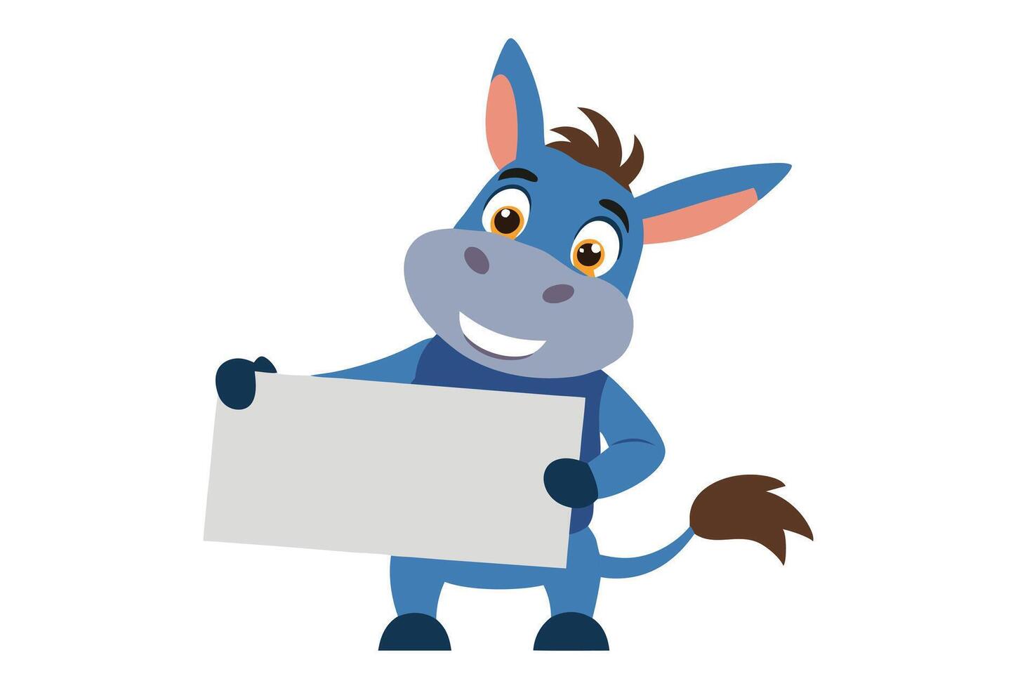 Cheerful Blue Donkey Cartoon Character Holding Blank Sign on White Background vector