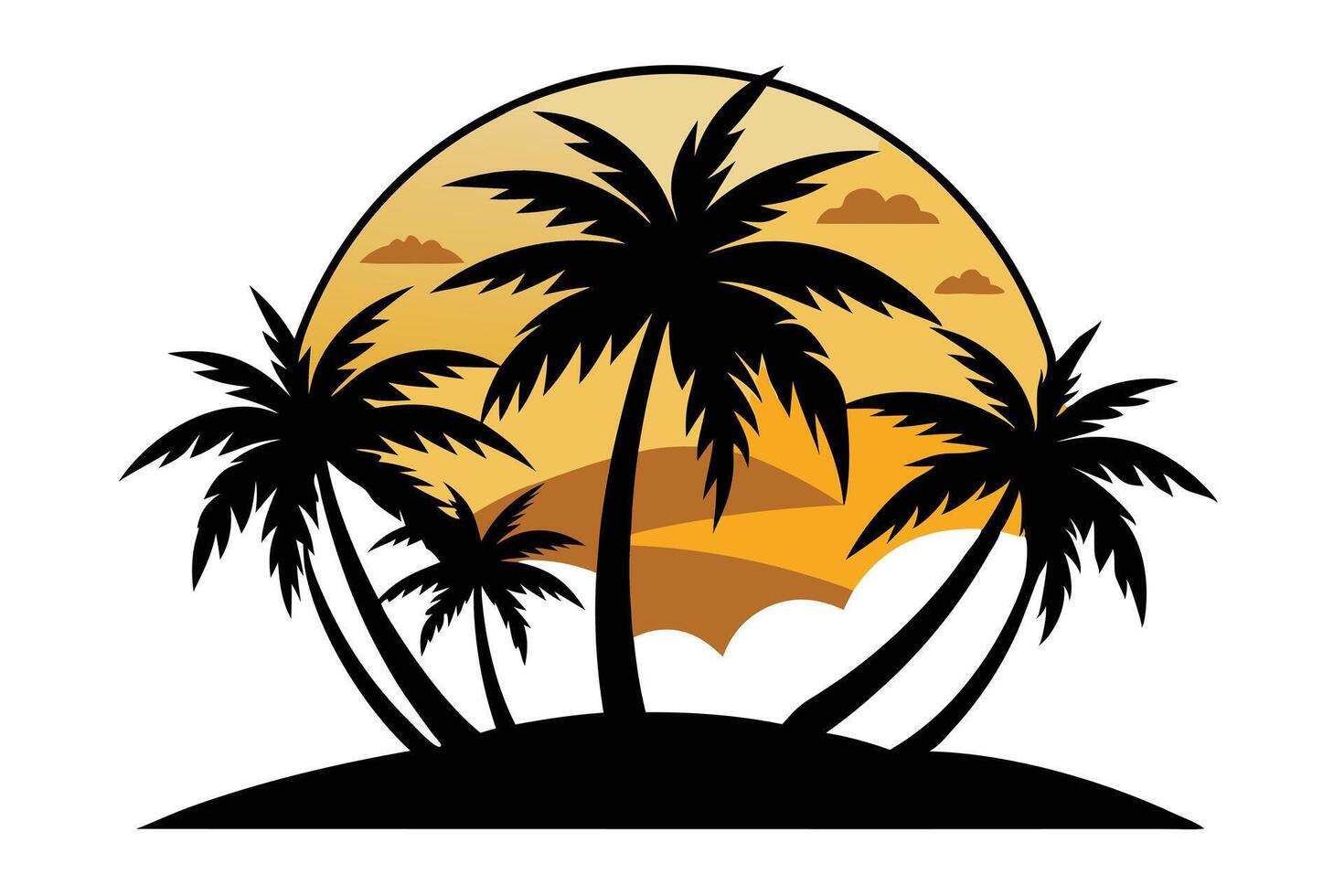 Tropical Island Palm Trees Silhouette at Sunset with Yellow and Brown Tones vector