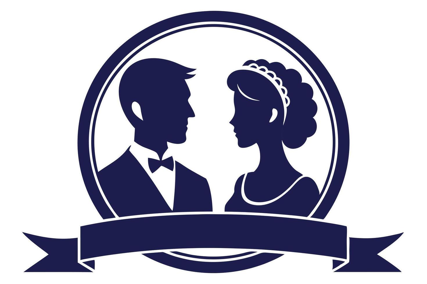 Elegant Silhouette of a Groom and Bride in Blue Tone with Ribbon Banner vector