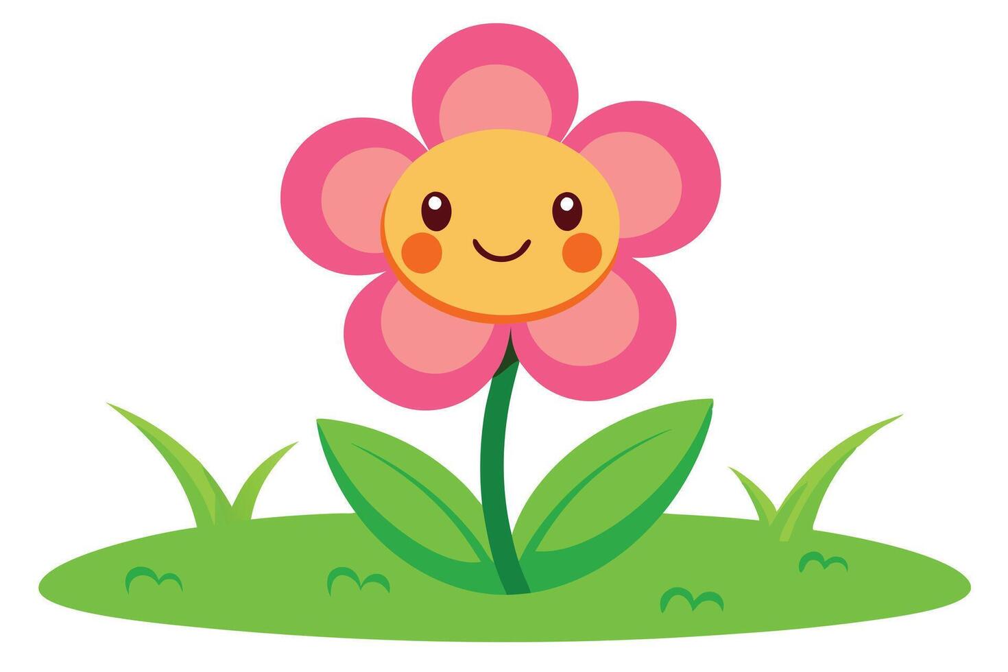 Cheerful Pink Flower Character Cartoon with Face and Greenery on White Background vector