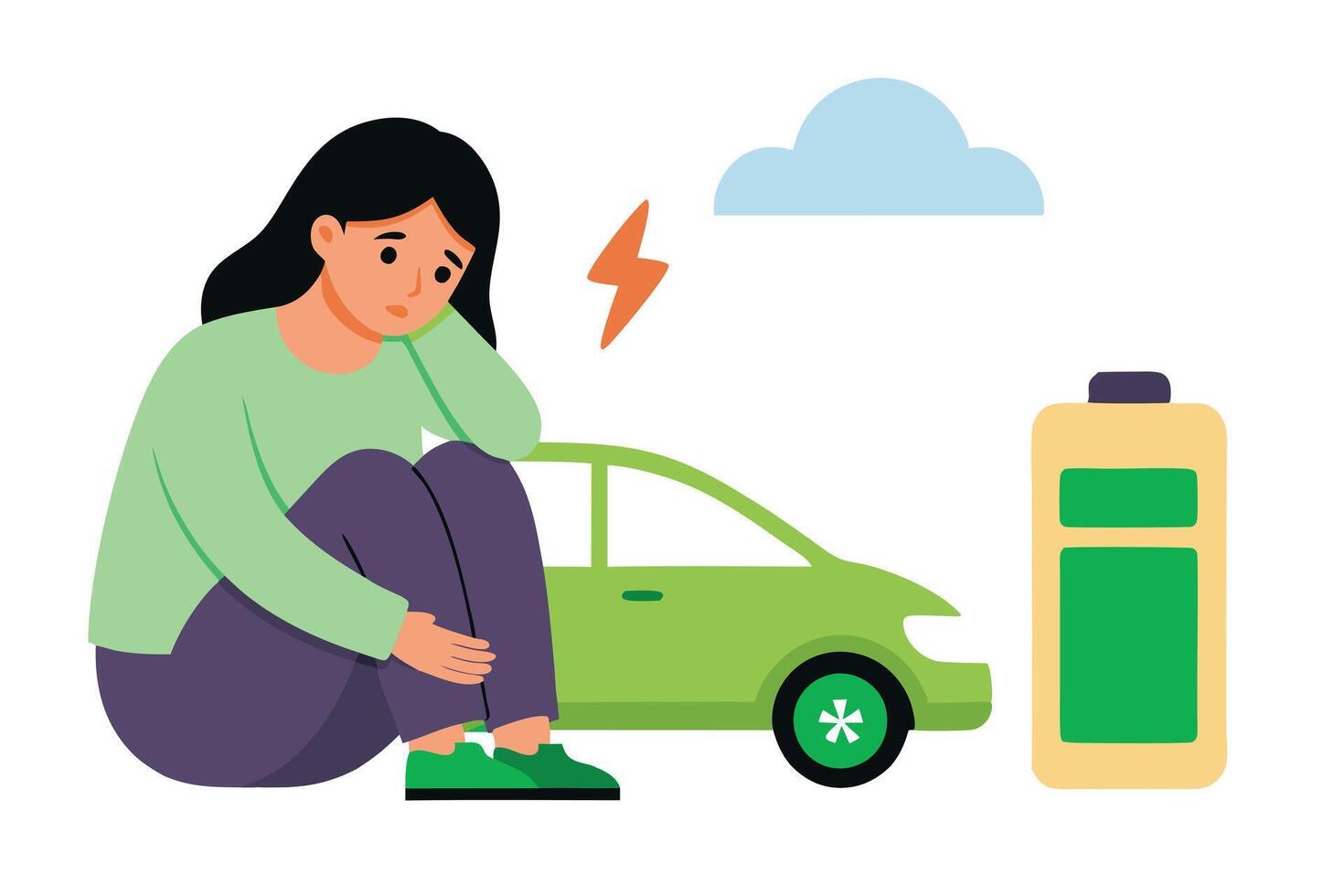 Flat Design Upset Woman Sitting Beside Low Battery Electric Car and Cloud Icon vector