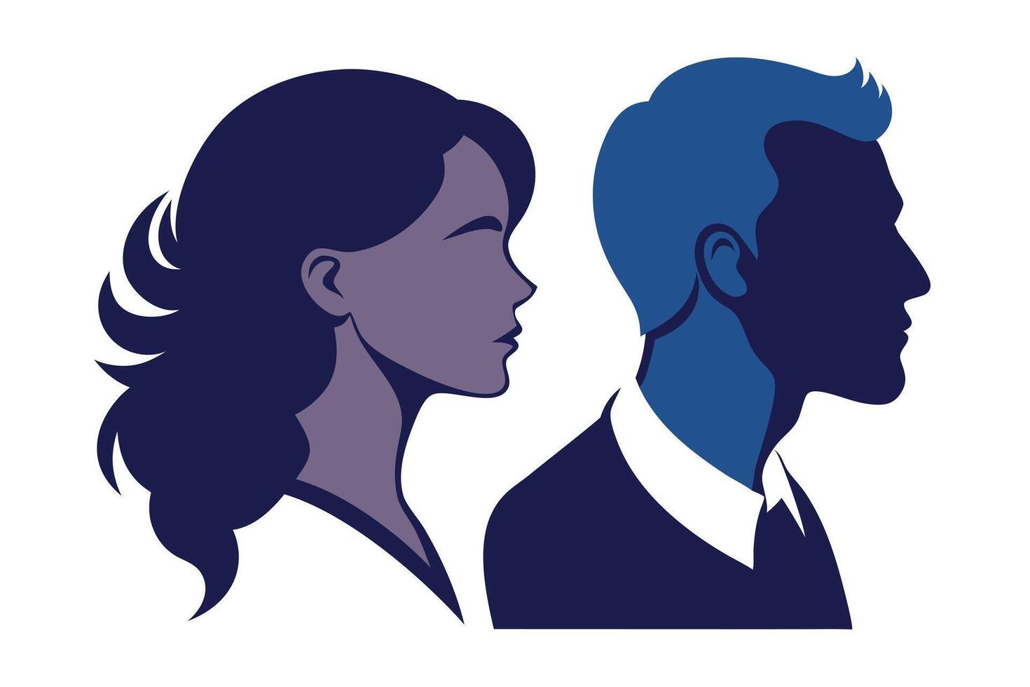 Silhouette Portrait of Woman with Curly Hair and Man in Suit Side View vector