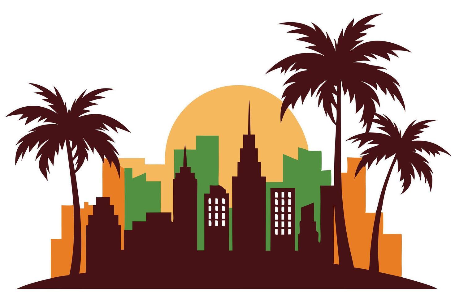 Silhouette Cityscape with Palm Trees, Orange Sun, and Colorful Buildings vector
