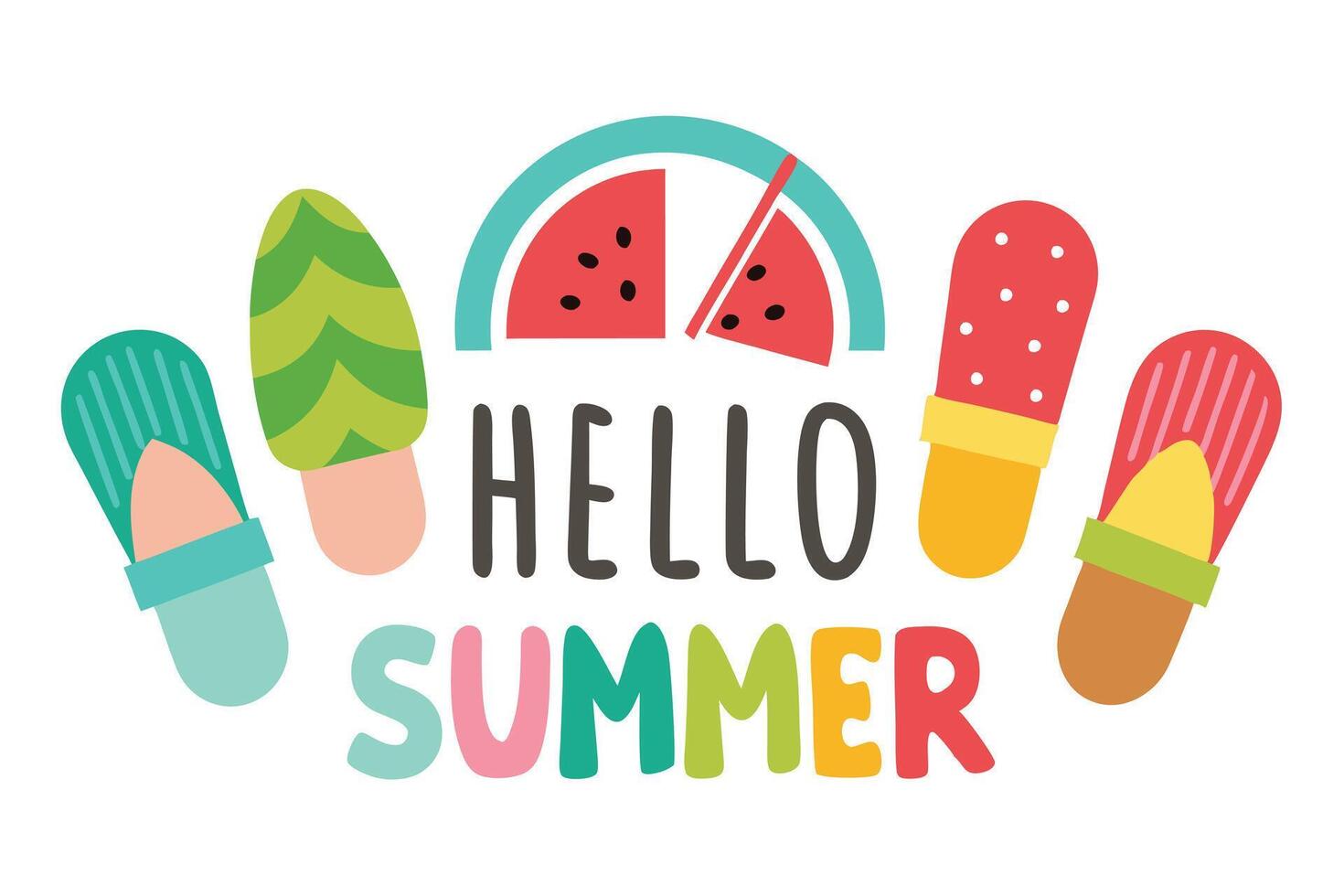 Cute Summer Design with Hello Summer Text, Flip Flops, and Watermelon on White vector