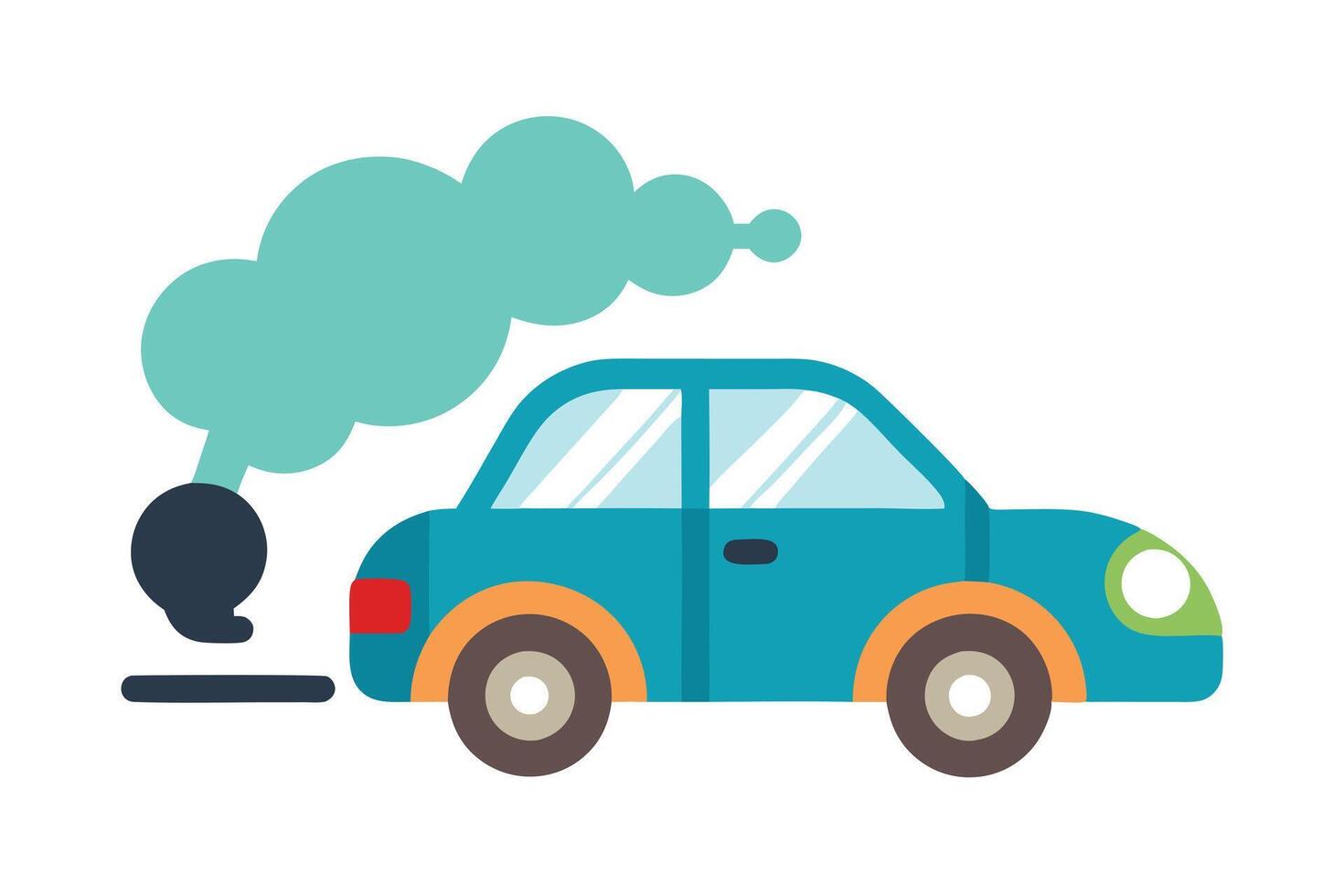 Cartoon Blue Car Flat Design Emitting Teal Smoke on White Background vector