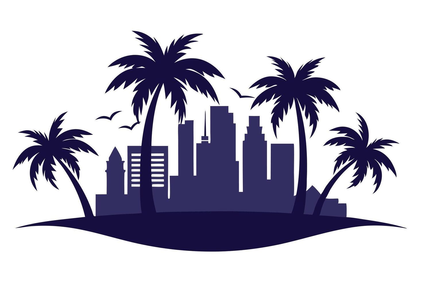 Palm Trees with Skyline Silhouette, Vacation, Exotic Island, Paradise, Minimalist Art vector