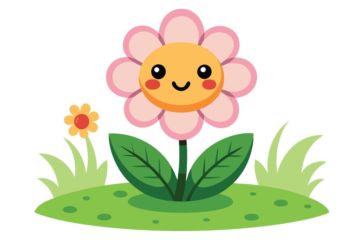 Happy Cartoon Flower with Pink Petals and Greenery on Green Patch Isolated vector