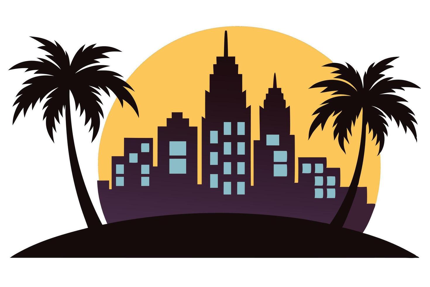 Modern Cityscape Silhouette with Palm Trees and Sunset vector