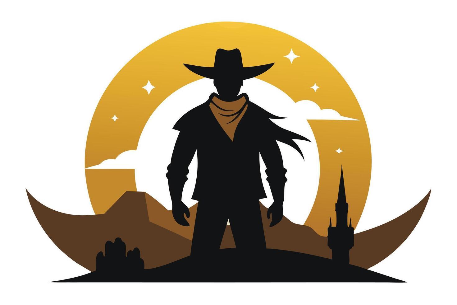 Cowboy Silhouette on a Desert Landscape with a Golden Sky and a Tower vector