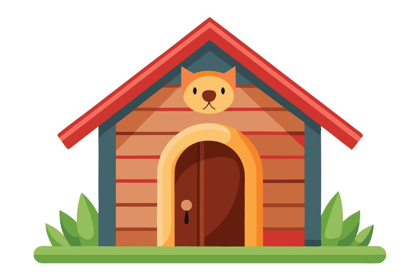 Cartoon Wood House with Red Roof, Dog Sign and Lush Greenery on White Background vector