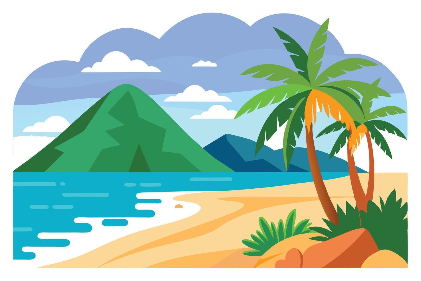 Cartoon Beach with Palm Trees, Sand, Ocean, Mountains and Cloudy Sky vector