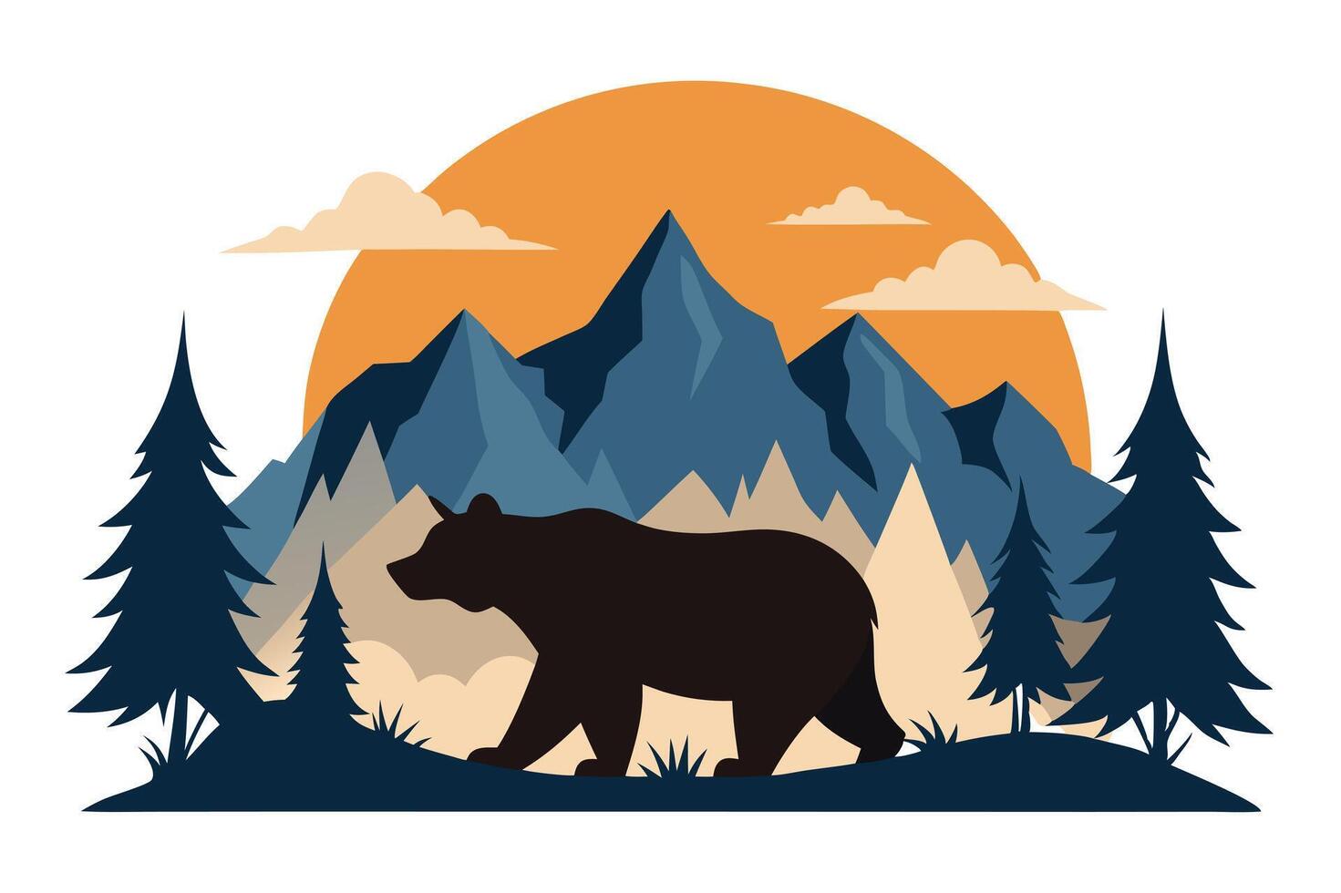 Silhouette of Bear Walking Through Mountain Landscape with Trees and Clouds vector