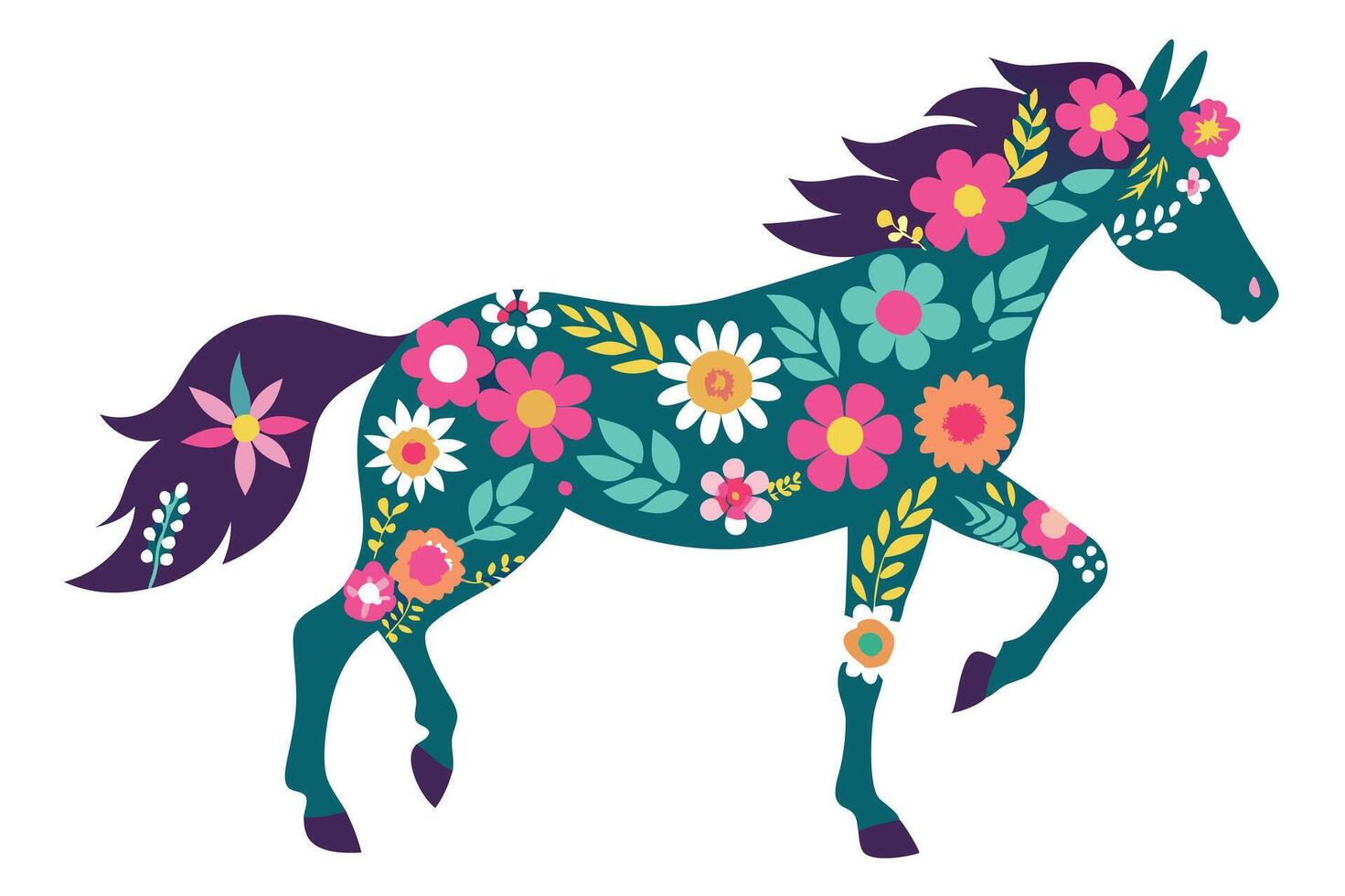 Floral Horse, Colorful Flowers, Teal Silhouette with Purple Mane Isolated on White vector