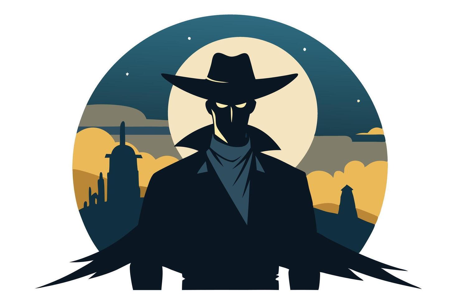 Mysterious Cowboy Figure with Hat against Moonlit Cityscape Silhouette Art vector