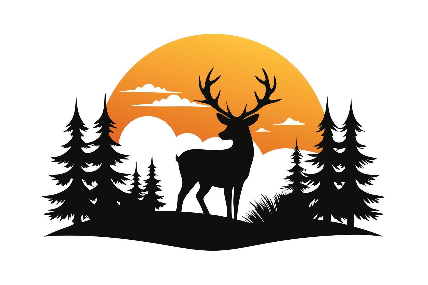 Silhouette Deer and Pine Trees against Orange Sunset on White Background Art vector