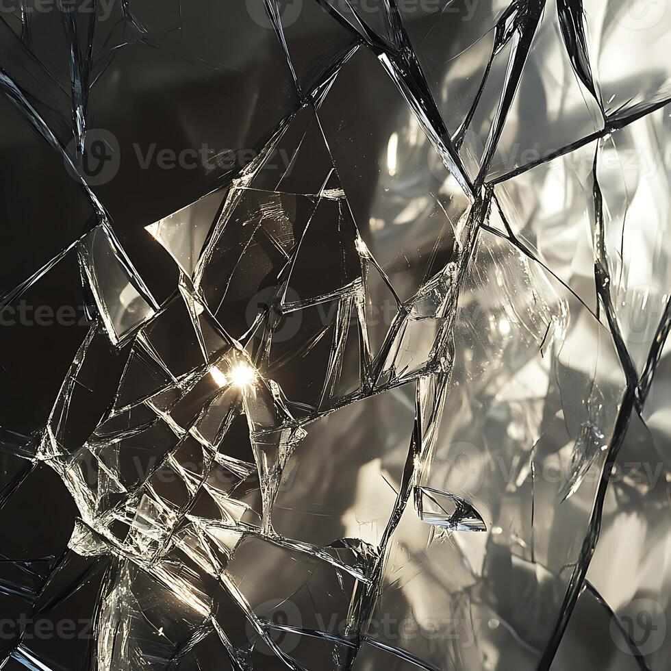 A broken glass window with the sun shining through it photo
