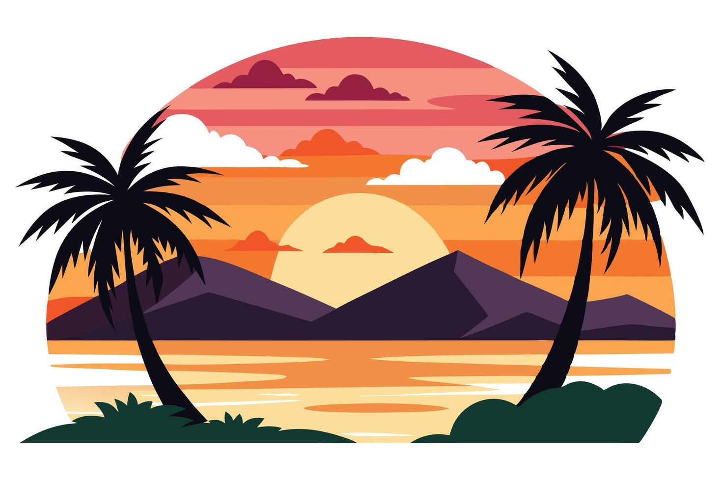 Retro Palm Tree Silhouette Seascape, Orange Sunset, Mountain, Island Art vector