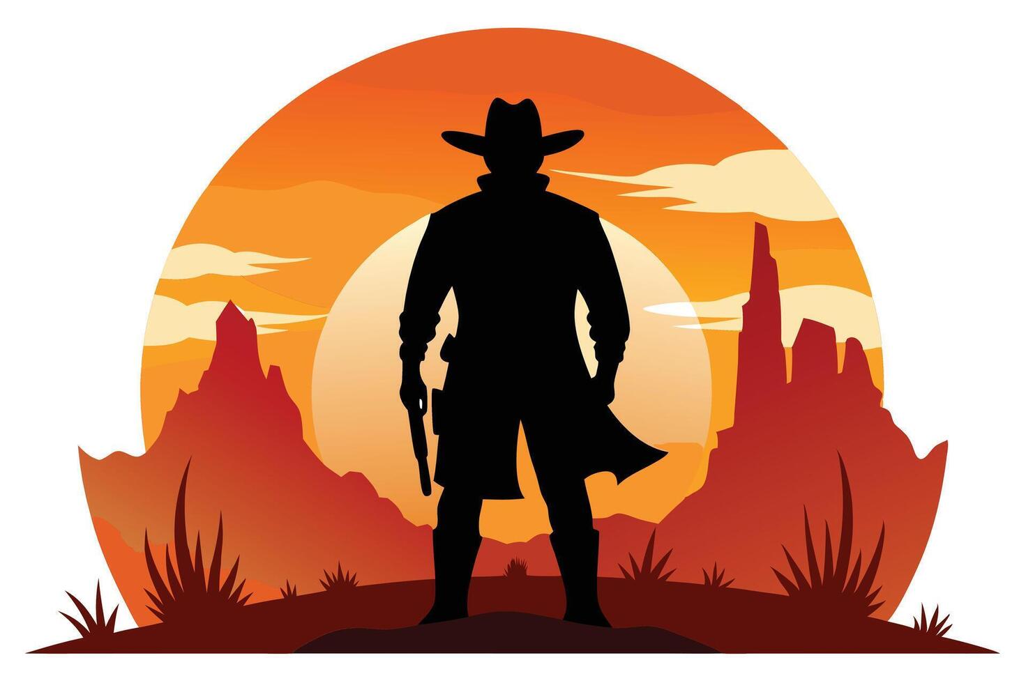 Cowboy Silhouette with Hat and Gun in Desert Landscape at Sunset vector