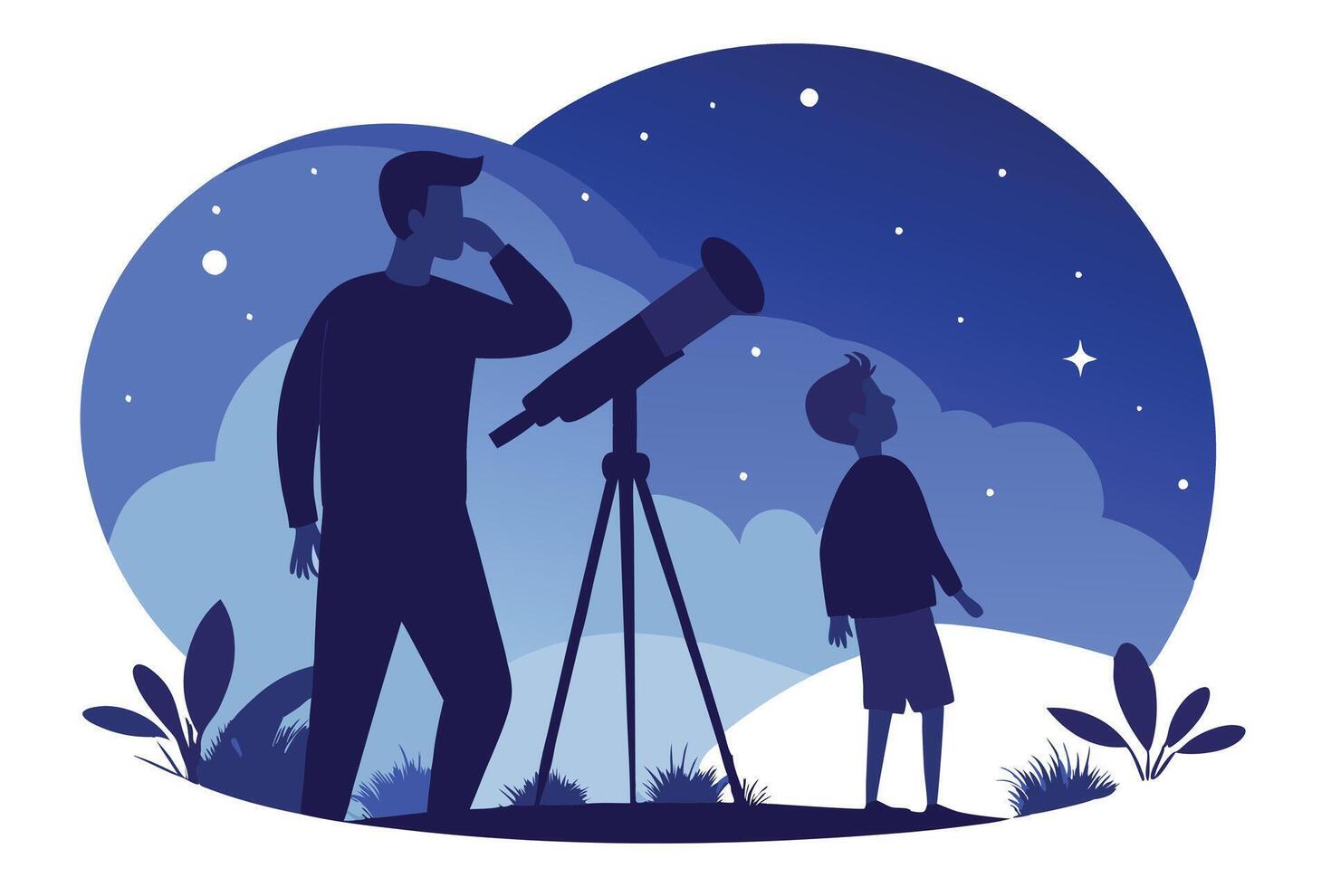 Silhouette of Man with Telescope and Boy Looking at Starry Night Sky vector
