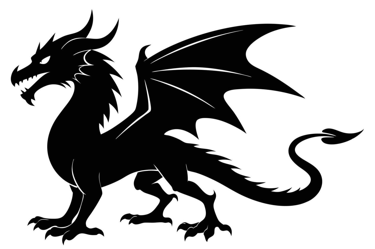 Dragon Silhouette with Horns and Wings Isolated on White Background, Mythical Beast vector