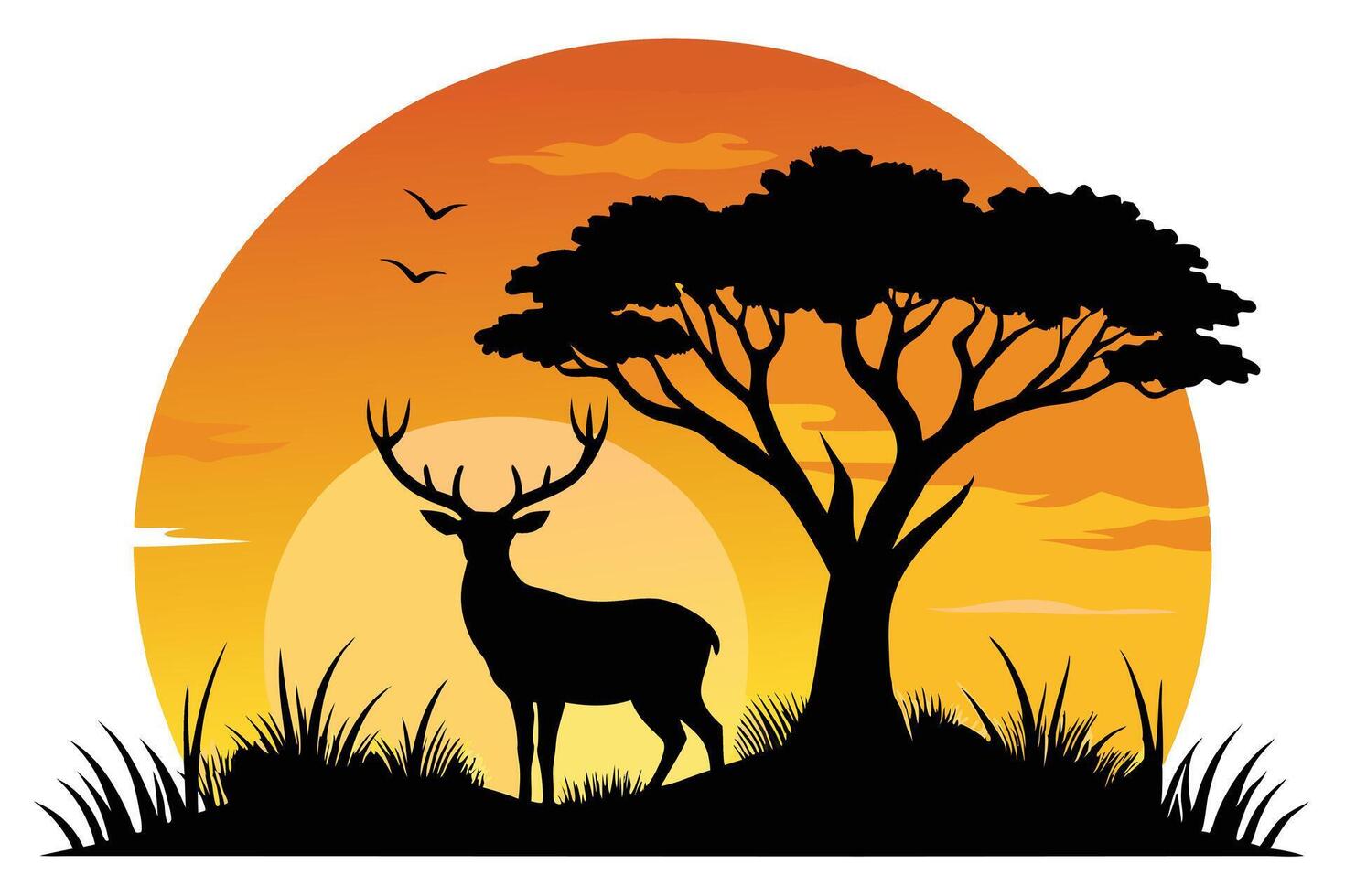 Silhouette Of Deer Beside Tree Against Orange Sunset Sky Wildlife vector