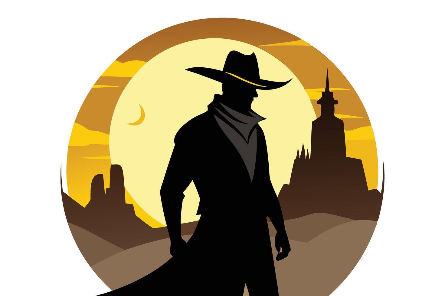 Cowboy Silhouette in Golden Desert Scenery Flat Art on White Background vector